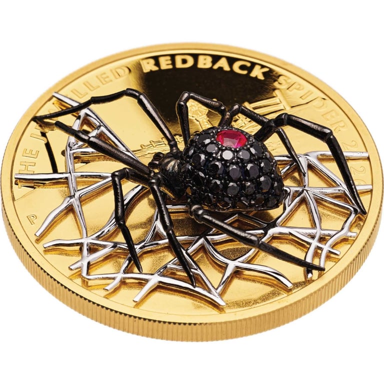Side view of Gold The Jewelled Redback Spider 2 oz PF - Perth Mint 2026