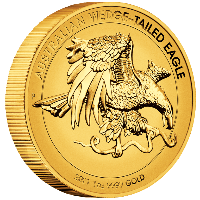 Side view of the Gold Wedge Tailed Eagle 2021 - 1 oz - High Relief