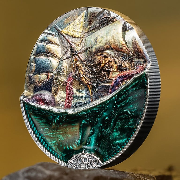 Side view of the Silver Underwater Fantasy – Sea Monster 3 oz - Antique Finish 2025