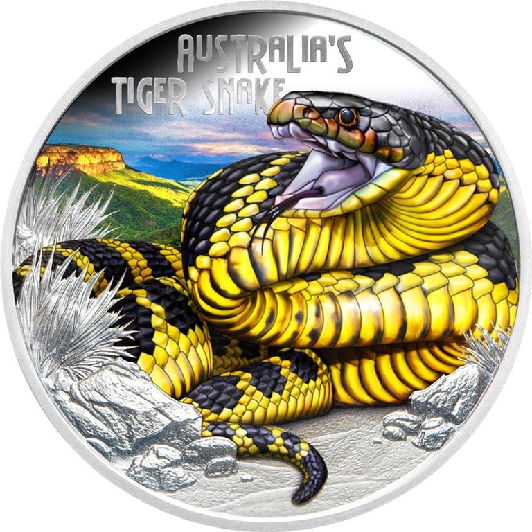 Front of the Silver Deadly & Dangerous 1 oz PF - Tiger Snake 2025