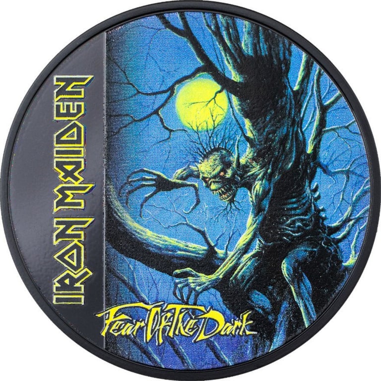 Front of the Silver Iron Maiden - Fear of the Dark 1 oz - Obsidian Black