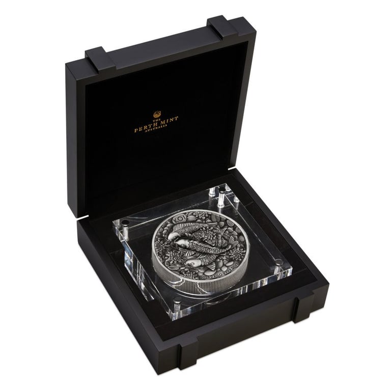 Silver Koi Fish 2000 g High Relief - Antique Finish 2023 in the original coin case