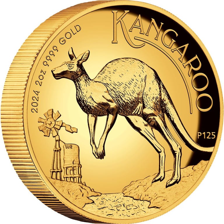 Side view of the Gold Kangaroo 2 oz PF - High Relief 2024