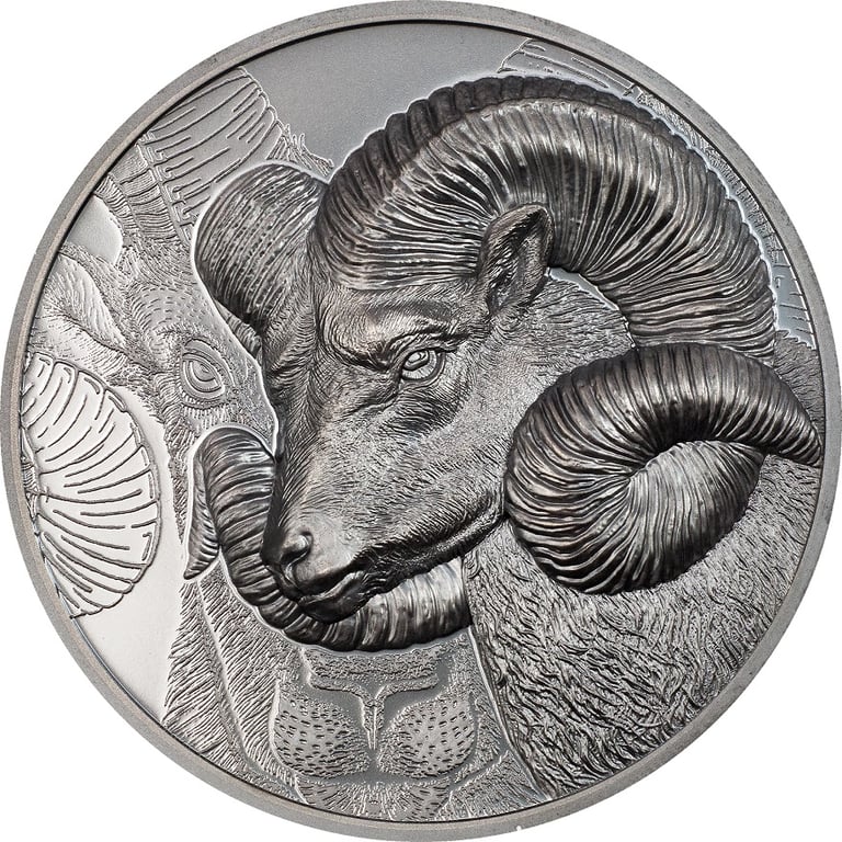 Front of the Silver Magnificent Argali 2 oz Black Proof - High Relief 2022