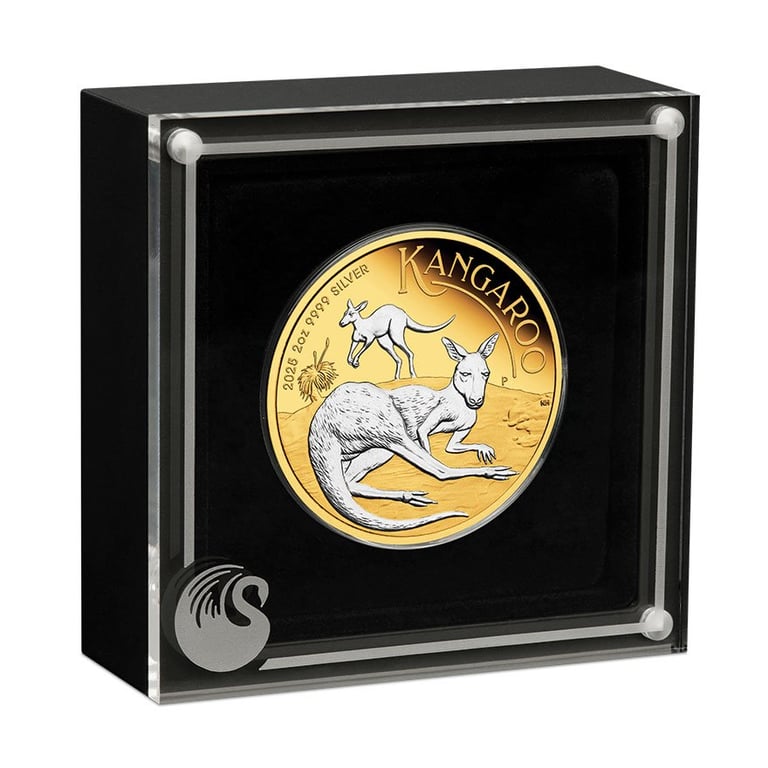 Silver Kangaroo 2 oz PF - Partially Gold-Plated 2025 in the original coin case
