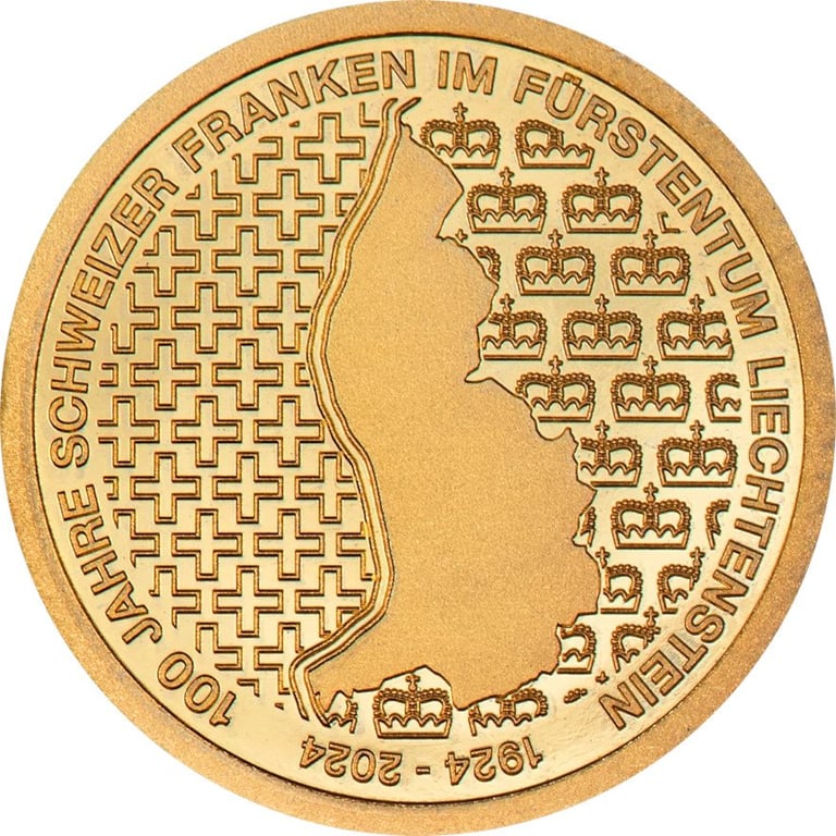 Front of the Gold Liechtenstein 100 Years Swiss Franc 0.5 g PF