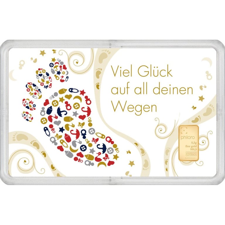 Front of the Gold bar 0.5 g - philoro gift card “Good luck on all your journeys”