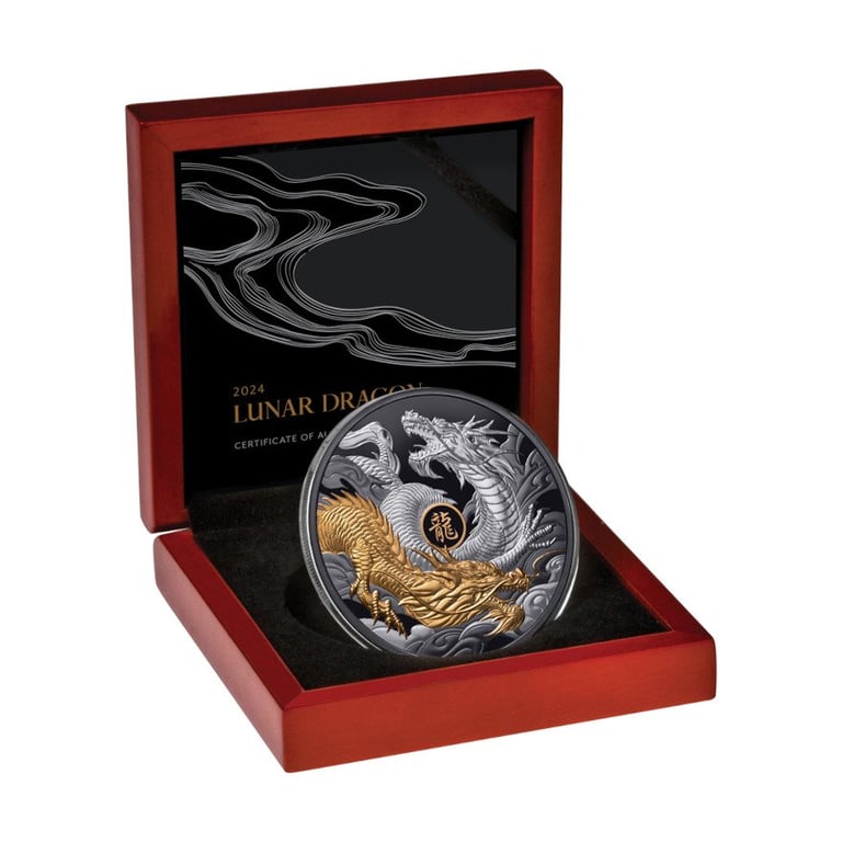 Silver Year of the Dragon - 5 oz Black Proof - Partially Gold-Plated 2024 in the original coin case