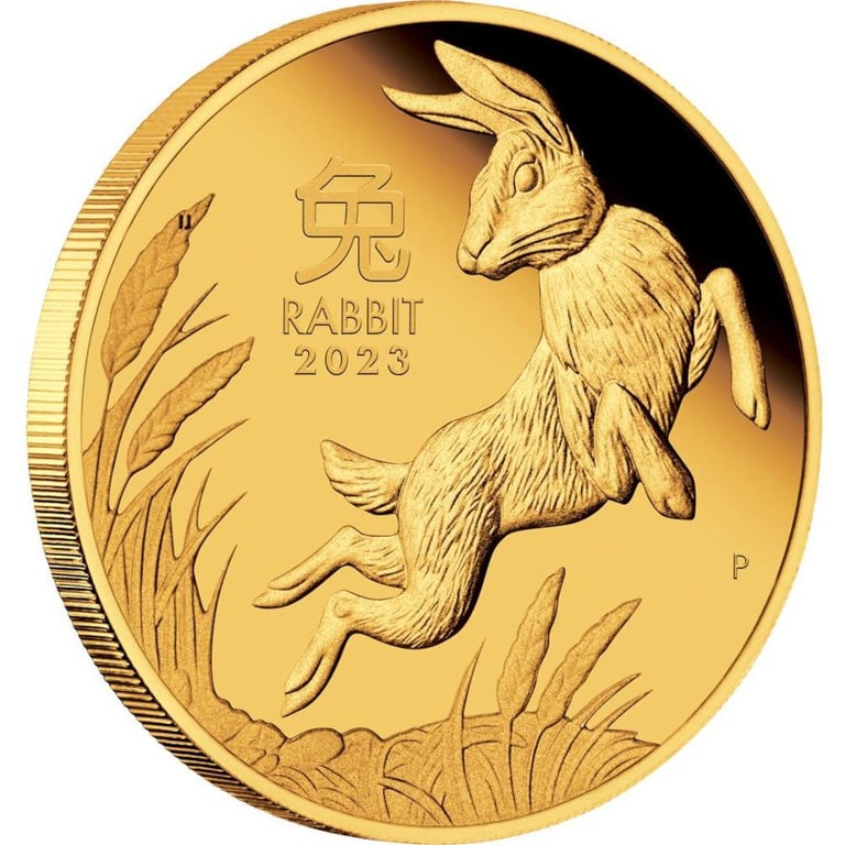 Side view of the Gold Lunar III 1 oz Rabbit PF - Perth Mint 2023