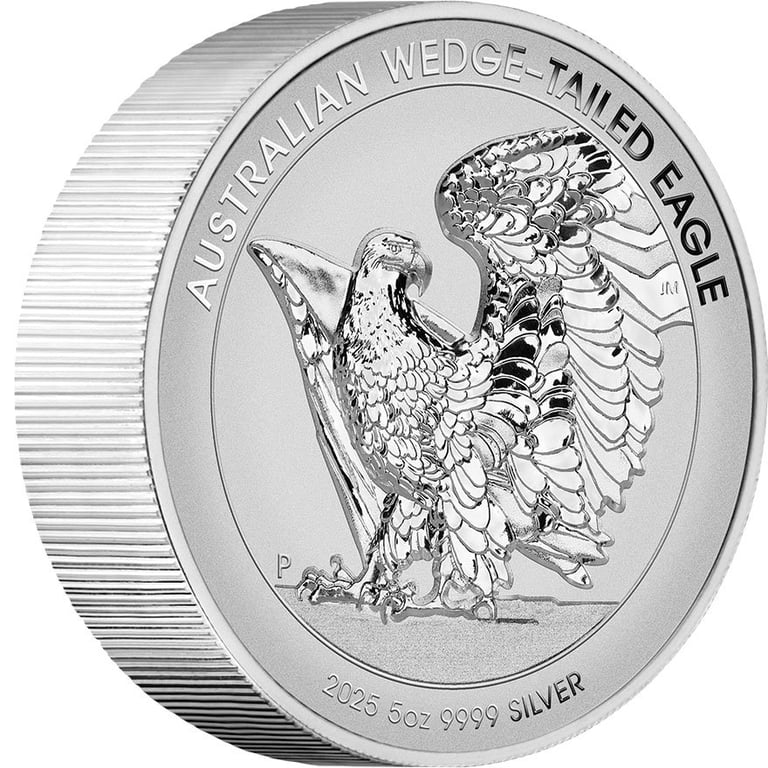 Side view of the Silver Wedge Tailed Eagle 5 oz RP - High Relief 2025