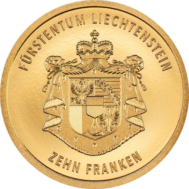 Back of the Gold Liechtenstein 100 Years Swiss Franc 0.5 g PF