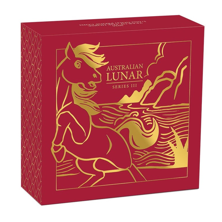 Box of the Gold Lunar III Horse 1/10 oz PF - 2026