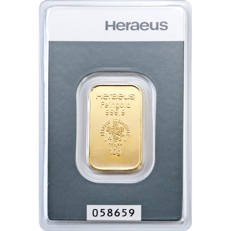 Front of the Gold bar 10g - Heraeus in the blister card