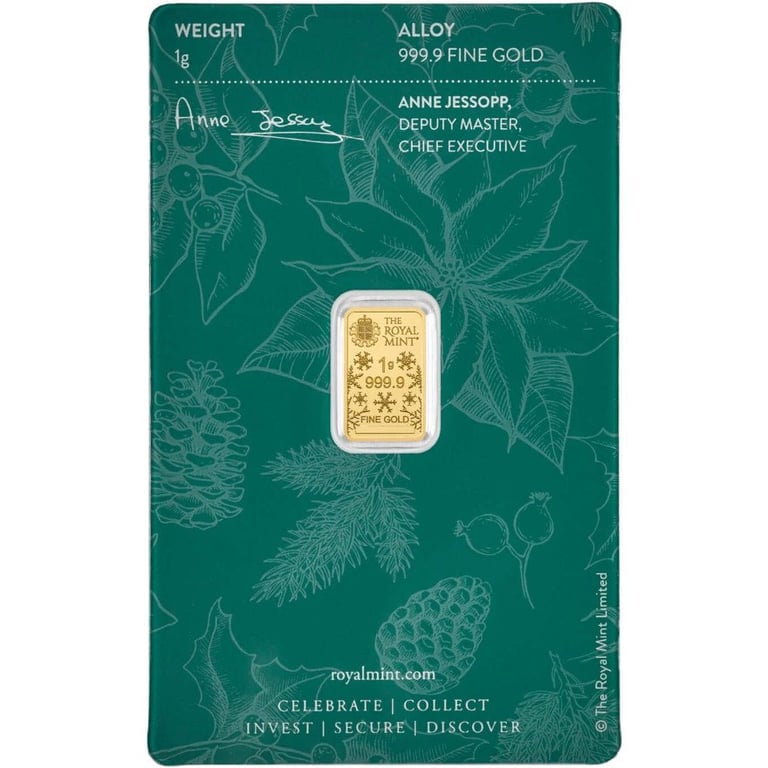 Back of the Gold bar 1 g Christmas Tree - The Royal Mint in the blister card
