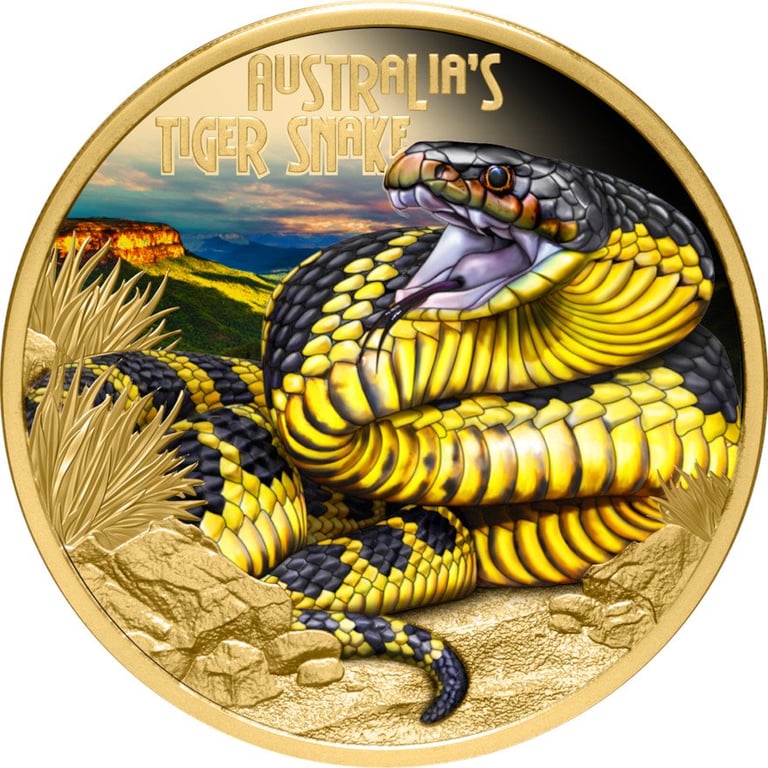 Front of the Gold Deadly & Dangerous 1 oz PF - Tiger Snake 2025