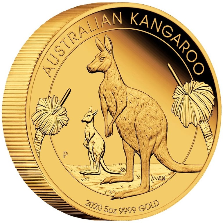 Side view of the Gold Kangaroo 5 oz PF - 1st Edition