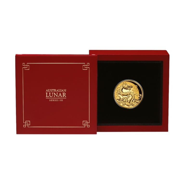 Gold Lunar III Dragon 1 oz PF - High Relief 2024 in the original coin case