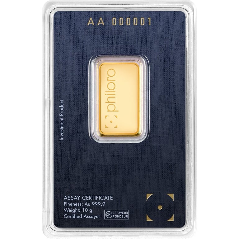 Back of the Gold bar 10 g - philoro in the blister card