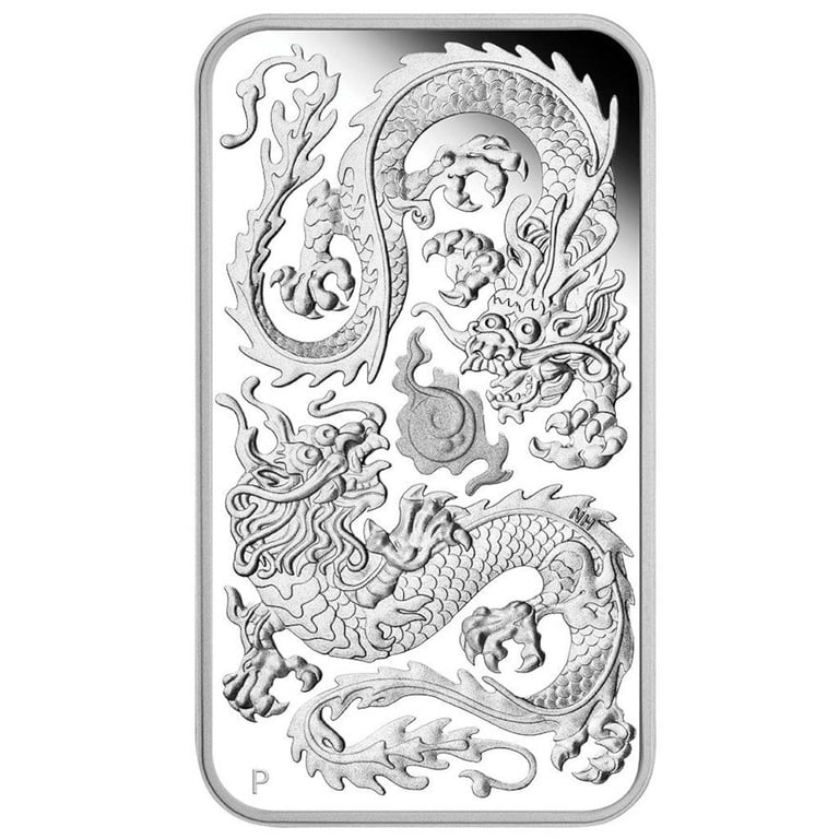 Front of the Silver Dragon 1 oz Rectangle Coin - PF - 2020