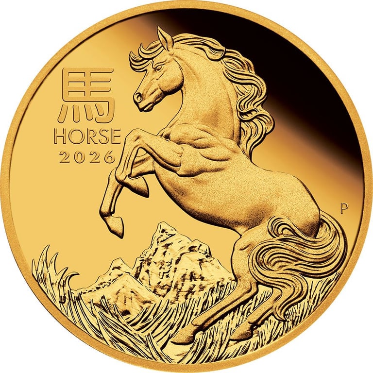 Front of the Gold Lunar III Horse 1/10 oz PF - 2026