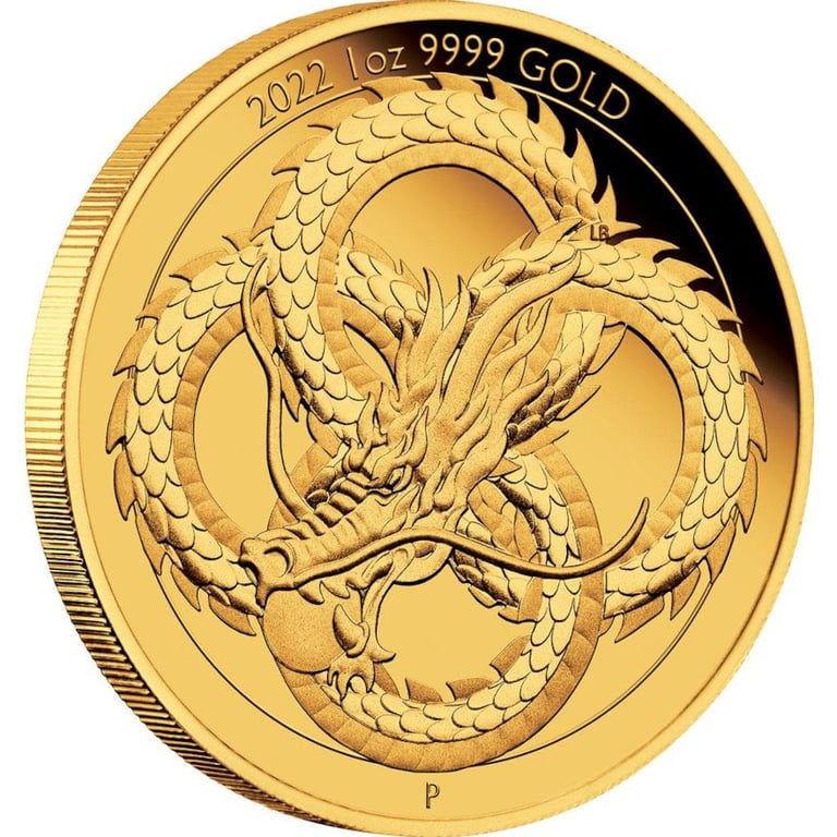Side view of the Gold Dragon - Chinese mythical creature - 1 oz PF 2022