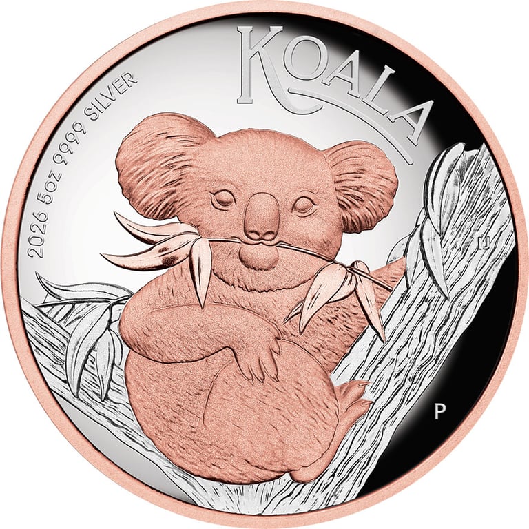Front of Silver Koala 5 oz Proof – Partially Rose Gold-Plated 2026
