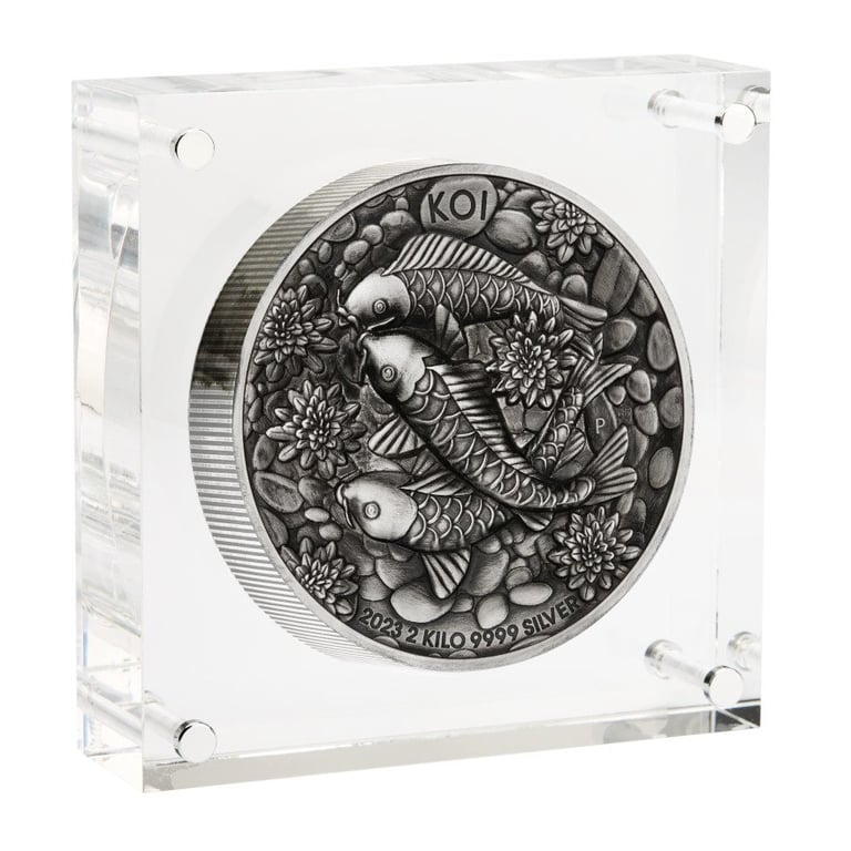 Silver Koi Fish 2000 g High Relief - Antique Finish 2023 in the original coin case