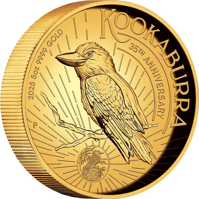 Side view of the Gold Kookaburra 5 oz Proof - High Relief 2025 