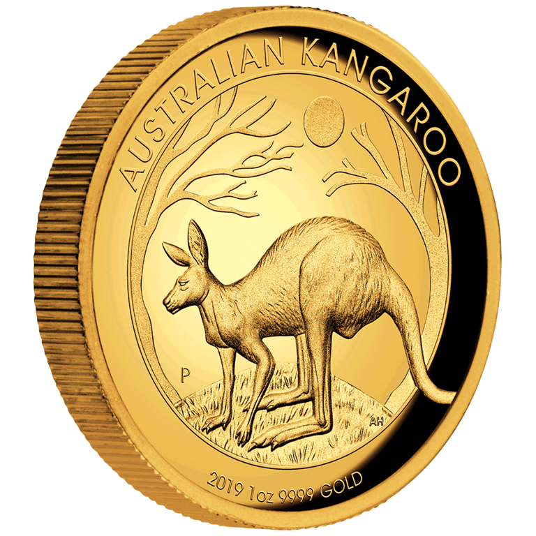 Side view of the Gold Kangaroo 1 oz PF - High Relief 2019