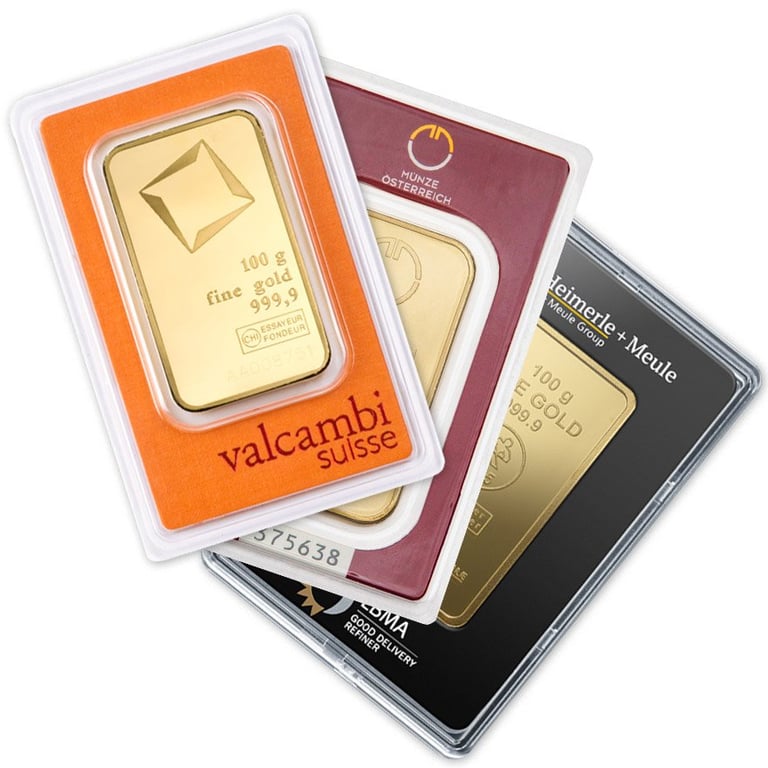 Front of the Gold bar 100 g various manufacturer