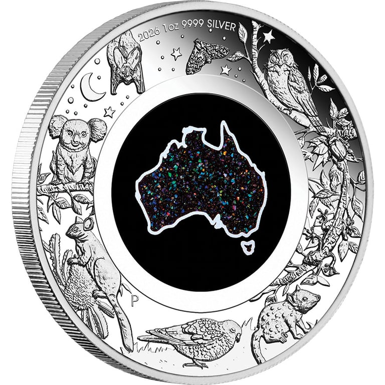 Side view of Silver Great Southern Land 1 oz PF - Nocturnal Opal