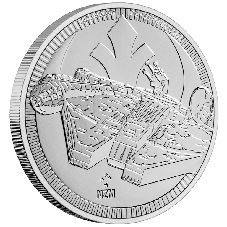 Side view of the Silver STAR WARS 1 oz - Millennium Falcon