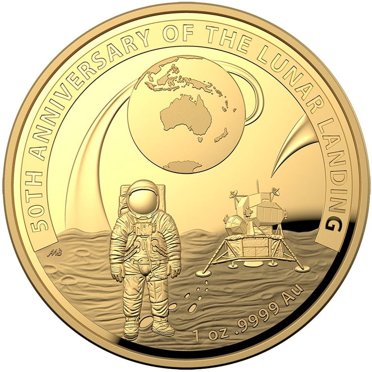 Front of the Gold 50th Anniversary of the Moon Landing 1 oz Proof domed coin - RAM 2019