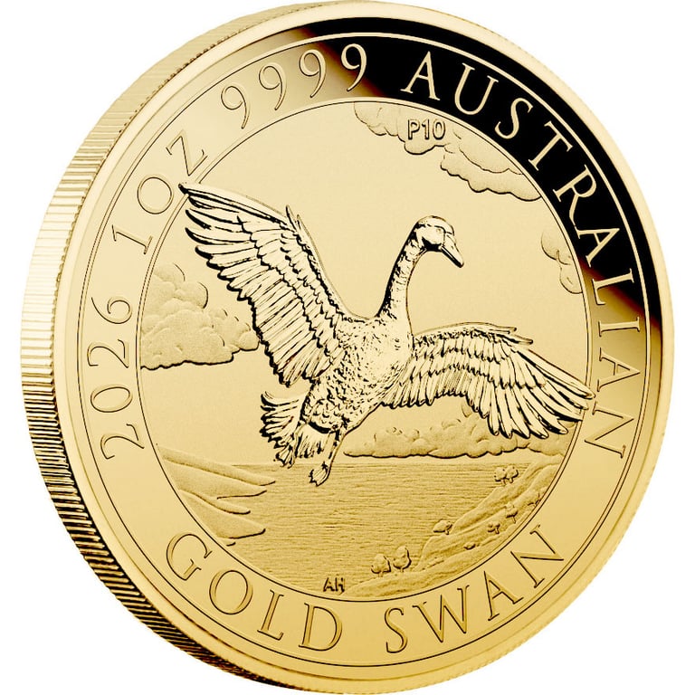 Side view of Gold Swan 1 oz - 10th Anniversary - 2026