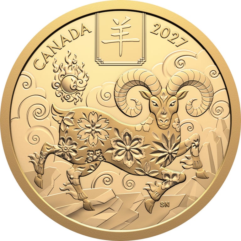 Front of Gold Lunar Goat 15 g PF - Royal Canadian Mint 2027
