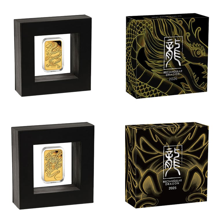 Box & Case of Back of Gold Coin Set - 2 x 1 oz Rectangle Proof - Reissue & 2026