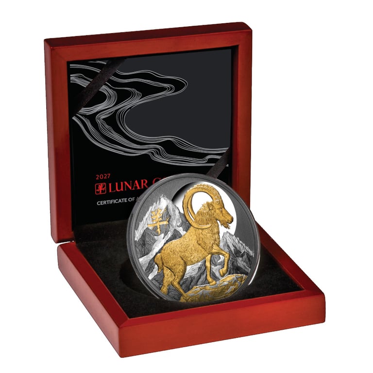 Coin case of Silver Year of the Goat – 5 oz Black Proof – Partly Gilded 2027