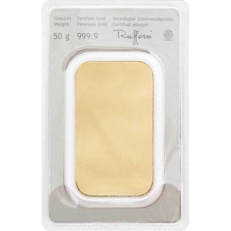 Back of the Gold bar 50 g - Austrian Mint in the blister card