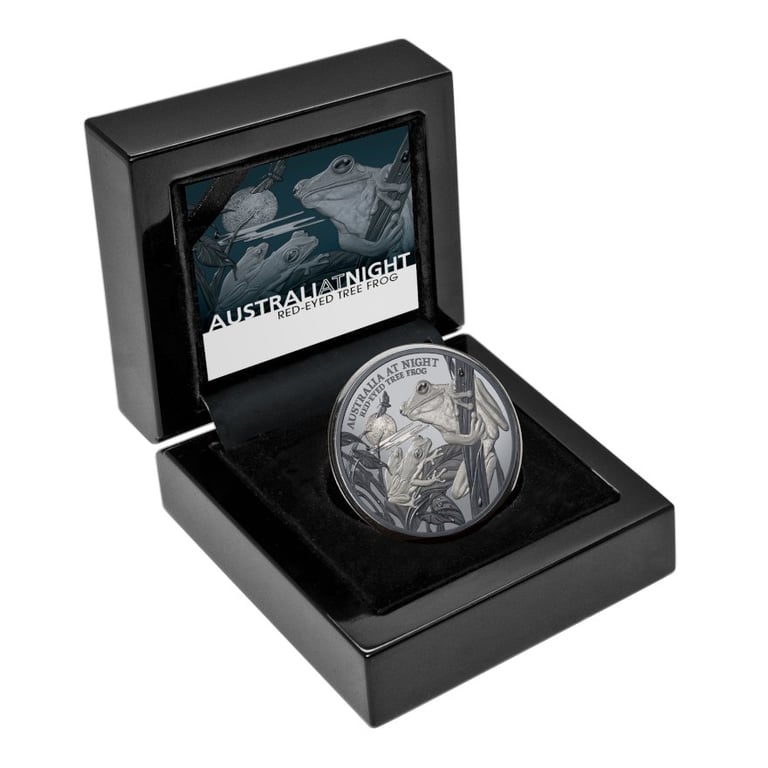 Silver Red-Eyed Tree Frog 1 oz Black Proof - 2024 in the original coin case