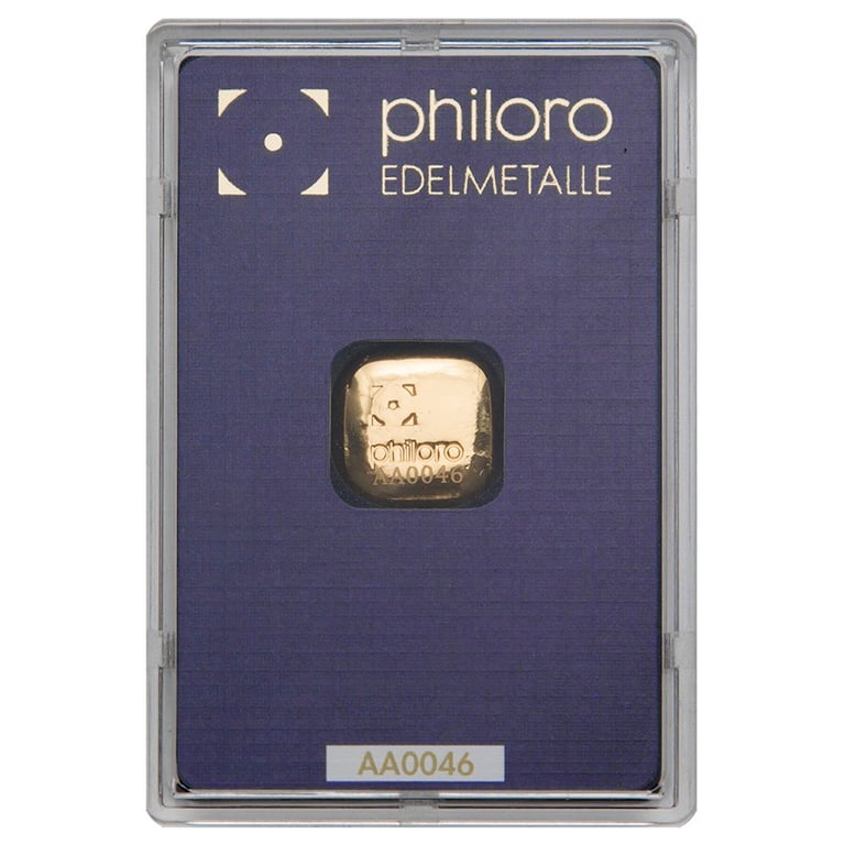 Front of the Gold bar 1 oz cast - philoro in the blister card