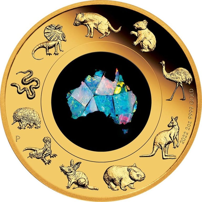Front of the Gold Great Southern Land 2 oz PF Opal Coin