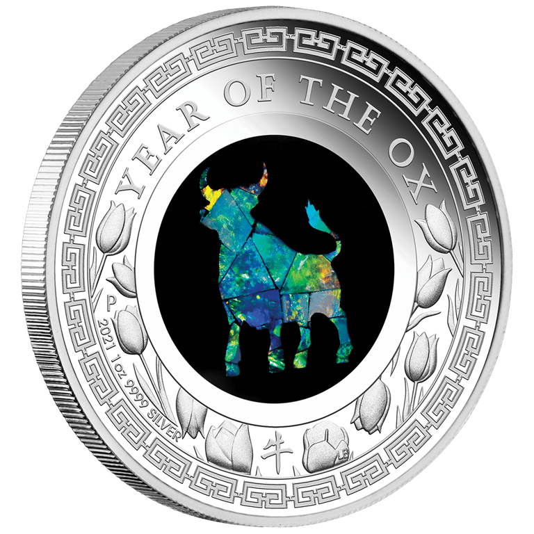 Side view of the Silver Opal Series 1 oz PF - Year of the Ox 2021
