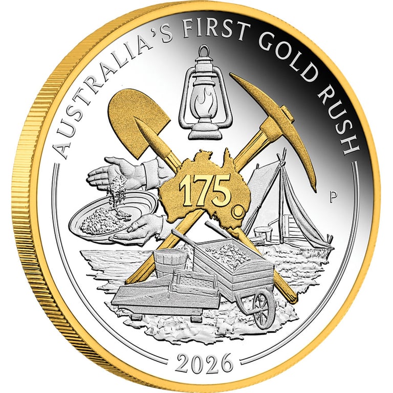 Side view of Silver Australia's First Gold Rush 1 oz Proof - 175th Anniversary - 2026