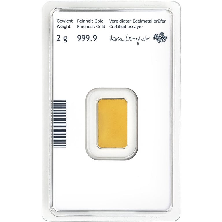 Back of the Gold bar 2 g - Austrian Mint in the blister card (Production version 2)