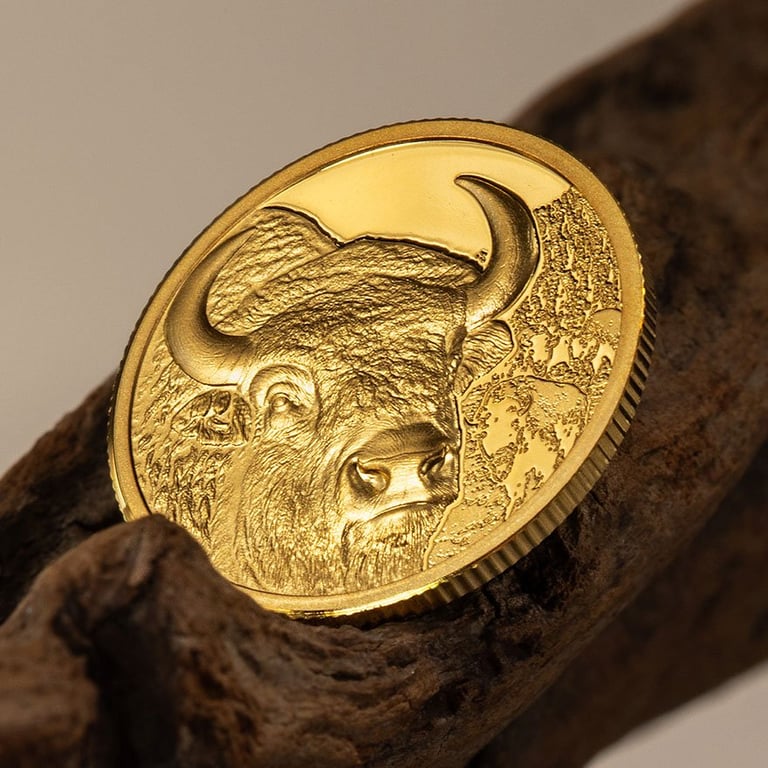 Side view of the Gold Bison 1/10 oz PF - High Relief 2025