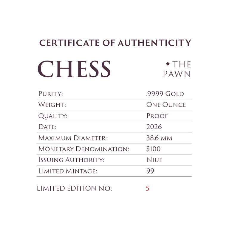 COA of Gold Chess Pawn 1 oz Proof – Platinum-Plated 2026