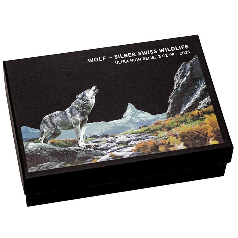 Original coin case of the Silver Swiss Wildlife - Wolf 3 oz PP - Ultra High Relief 2025