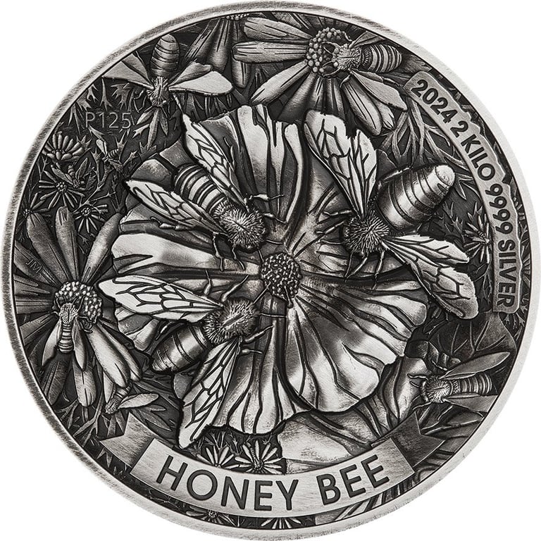 Front of the Silver Honey Bee 2000 g Antique Finish - High Relief 2024