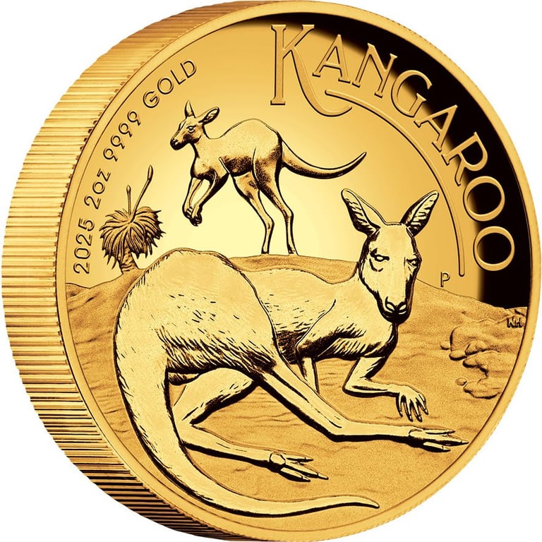 Side view of the Gold Kangaroo 2 oz PF - High Relief 2025