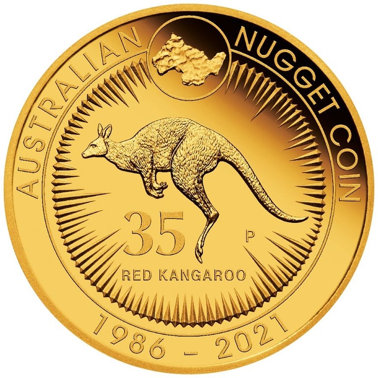 Front of the Gold Kangaroo 1 oz - 35th Anniversary - PF - 2021